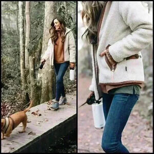 Frye And Co. Sherpa Contrasting Zip Up Teddy Jacket Preppy Academia Cozy Size 2X